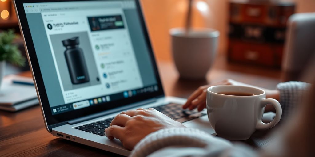 Person reviewing product on laptop with coffee cup.