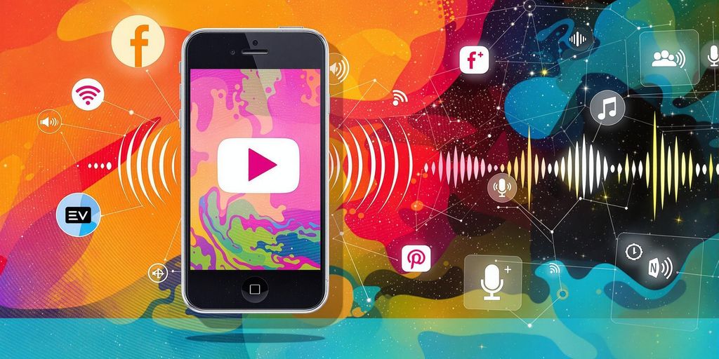 Smartphone com ícone de vídeo e ondas de som.