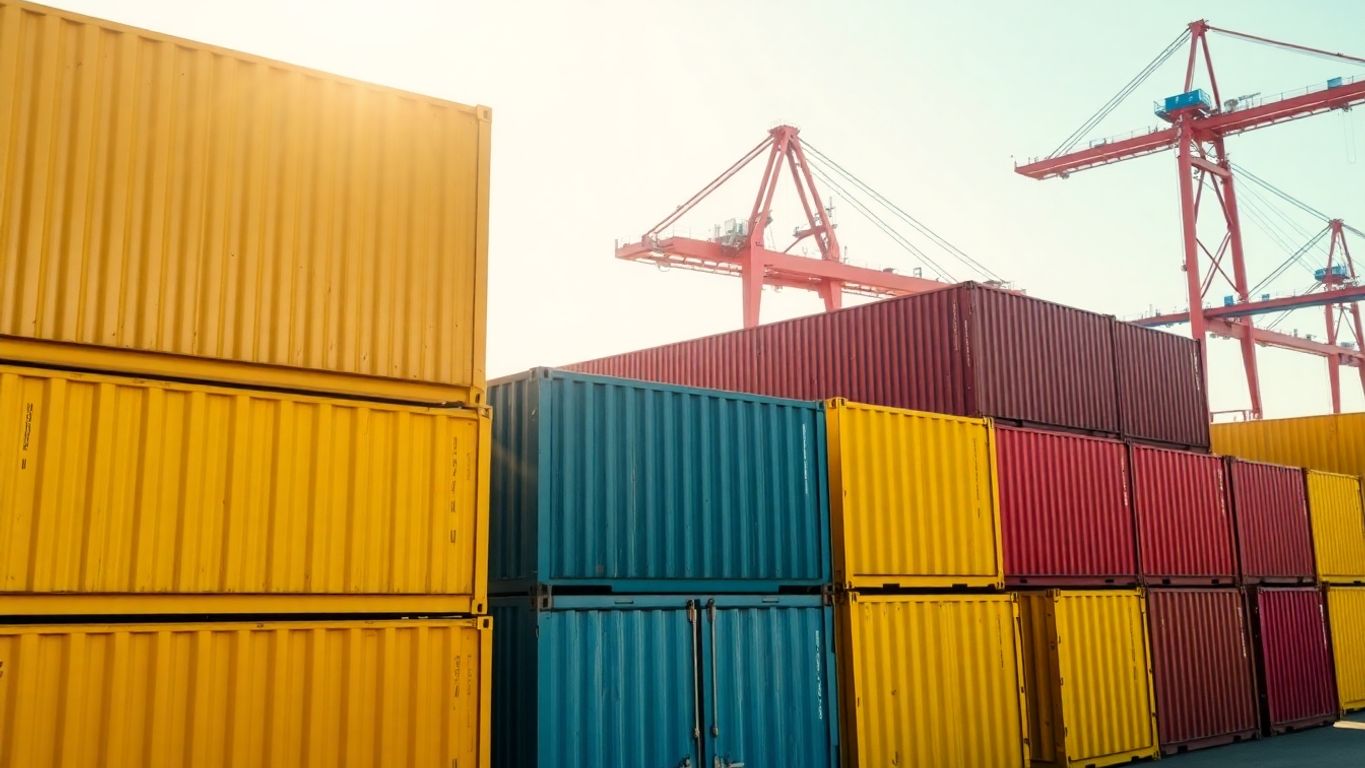 Stack of new, colorful shipping containers at port.