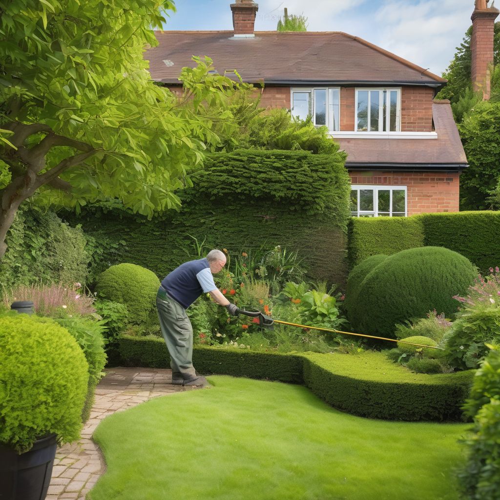gardener trimming hedges in a well-maintained garden