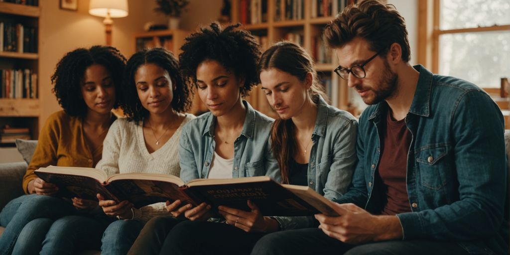 Group reading books on polyamory in a cozy room.