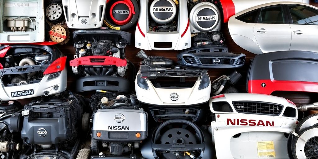 Nissan car parts laid out on a clean surface.