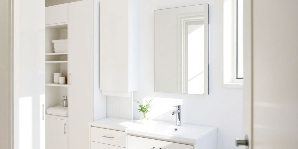 Modernt IKEA badrum med smarta förvaringslösningar och naturligt ljus.