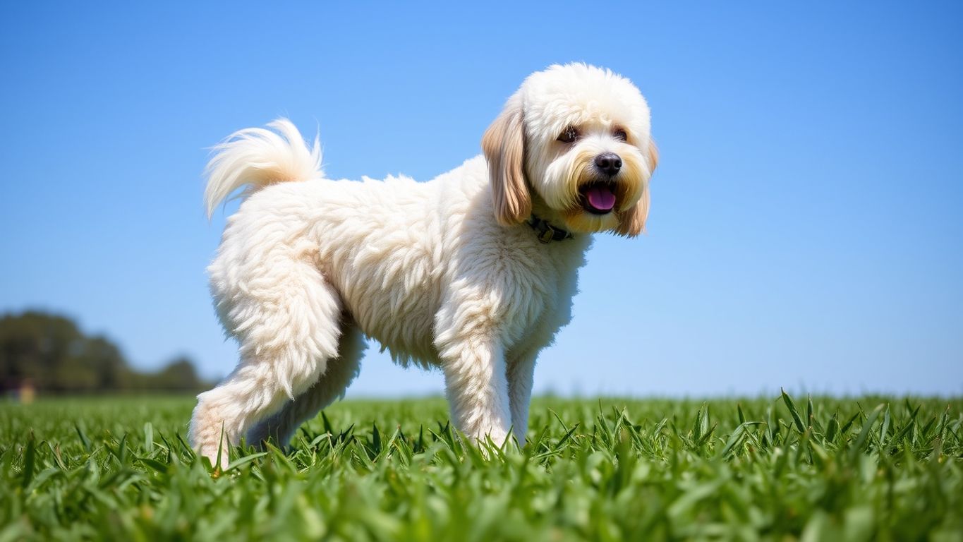 Puli dog in a green field with a corded coat.