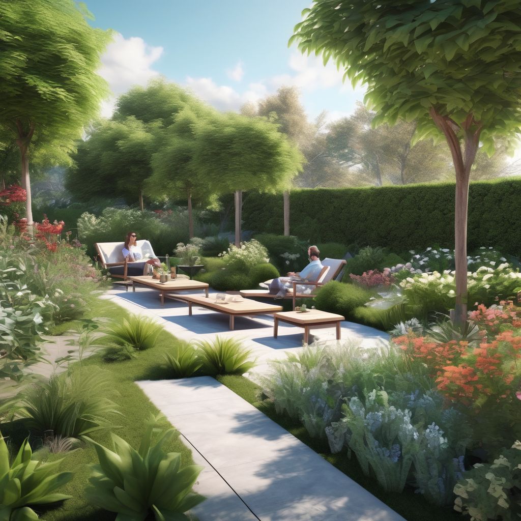 peaceful garden landscape design with people relaxing