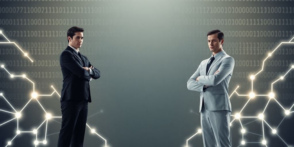 Two opposing political figures, blockchain background.
