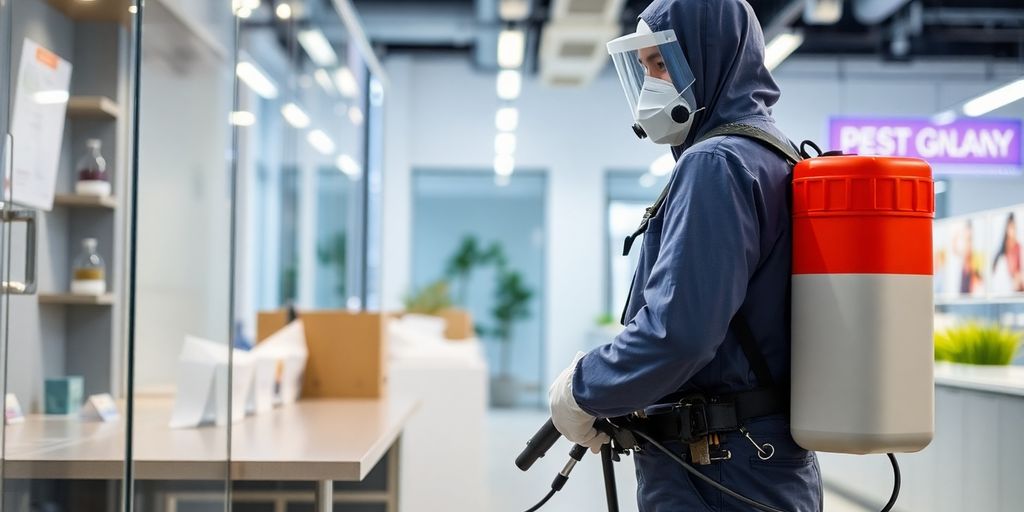 Tehnician de dezinsecție în acțiune, echipat complet.
