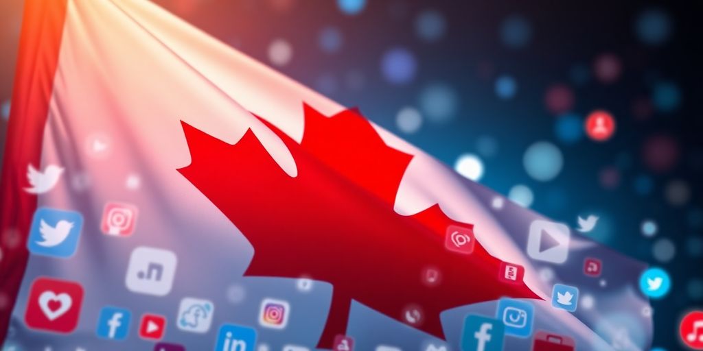 Bandera canadiense con iconos de redes sociales.