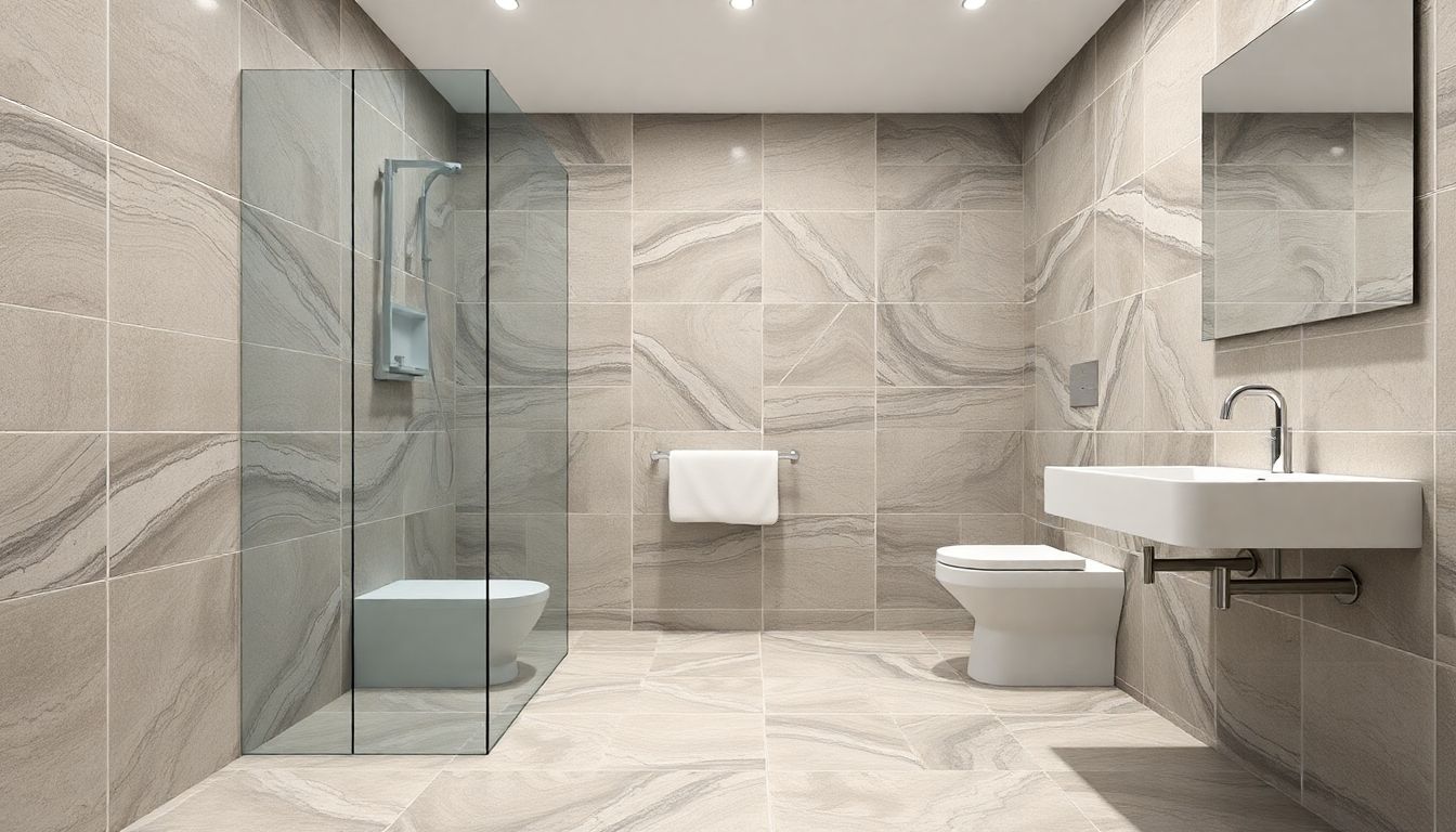 Realistic wet room with elegant tiles and modern design.