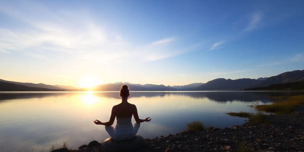 Person meditating by a tranquil lake at sunrise.