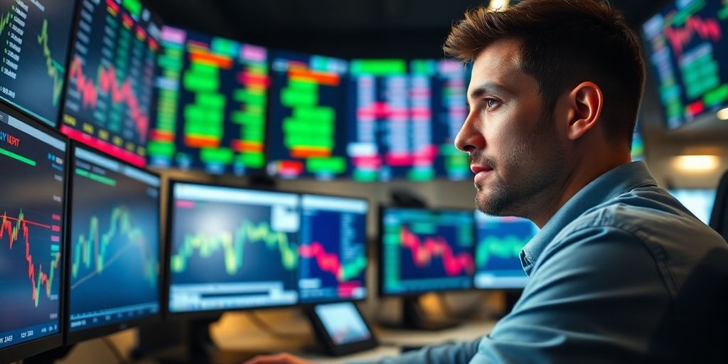 Un trader concentré devant plusieurs écrans de trading.