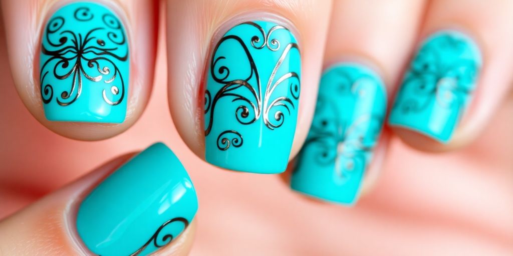 Unhas decoradas em azul turquesa vibrante.