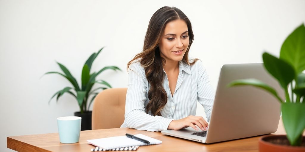 Woman blogging at a desk with a laptop and coffee.
