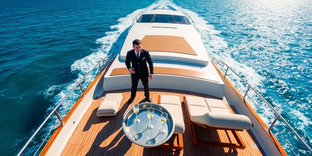 Sunlit luxury yacht deck with uniformed crew and champagne service