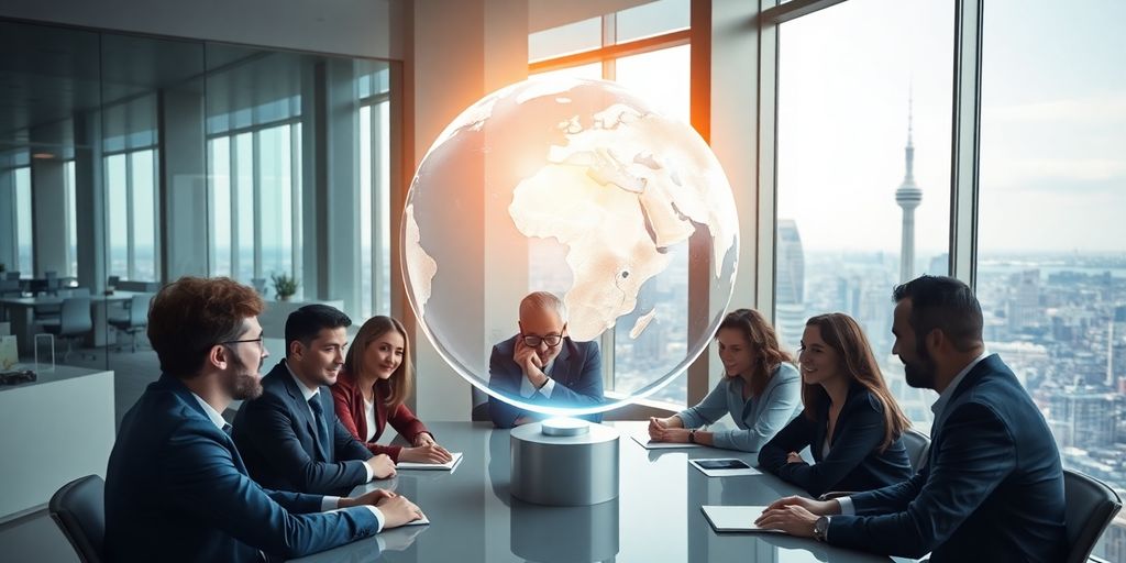 Professionals in a modern office with a holographic world map.