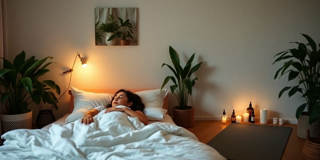 Person sleeping in a calming, serene bedroom environment.