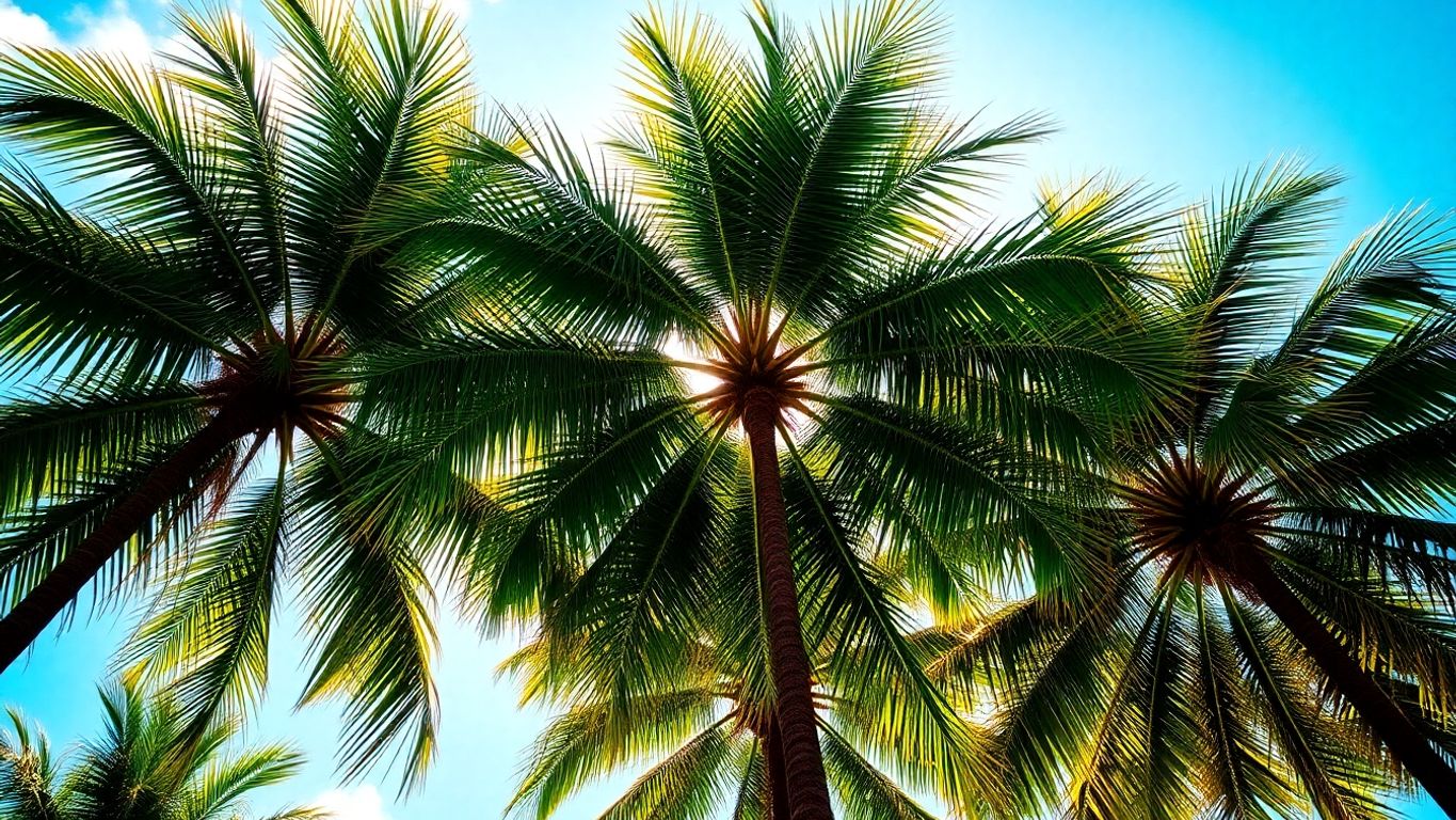 Colorful palm trees reaching towards a bright sky.