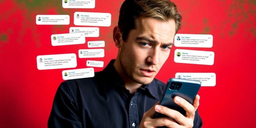 Person avec smartphone, notifications SMS, icône de protection.