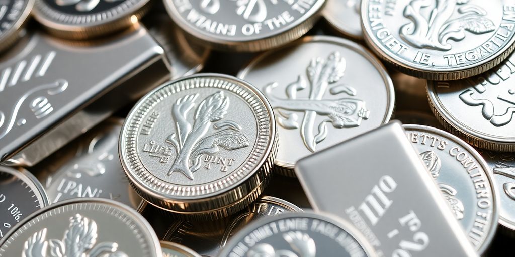 Pièces d'argent étalées sur une surface réfléchissante.