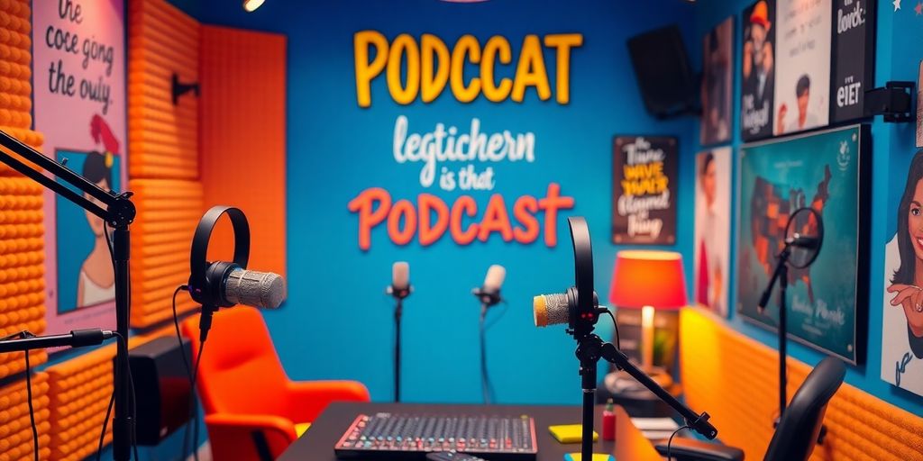 Vibrant podcast studio with colorful microphones and headphones.