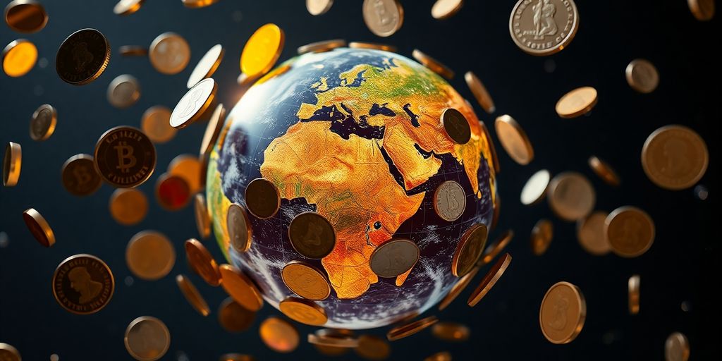 Des pièces de monnaie de différentes devises flottent autour d'un globe terrestre.