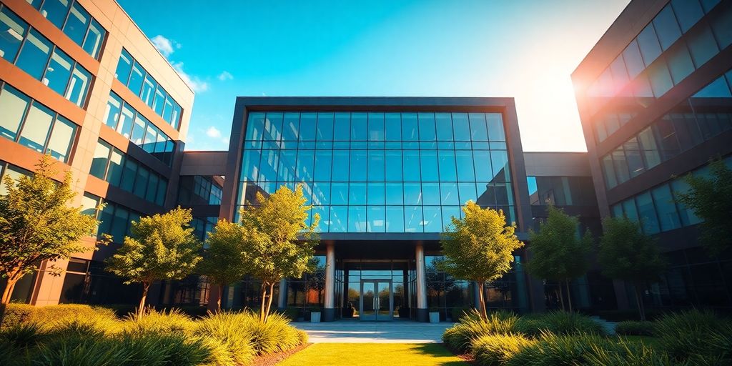 Corporate building exterior, sunny day.