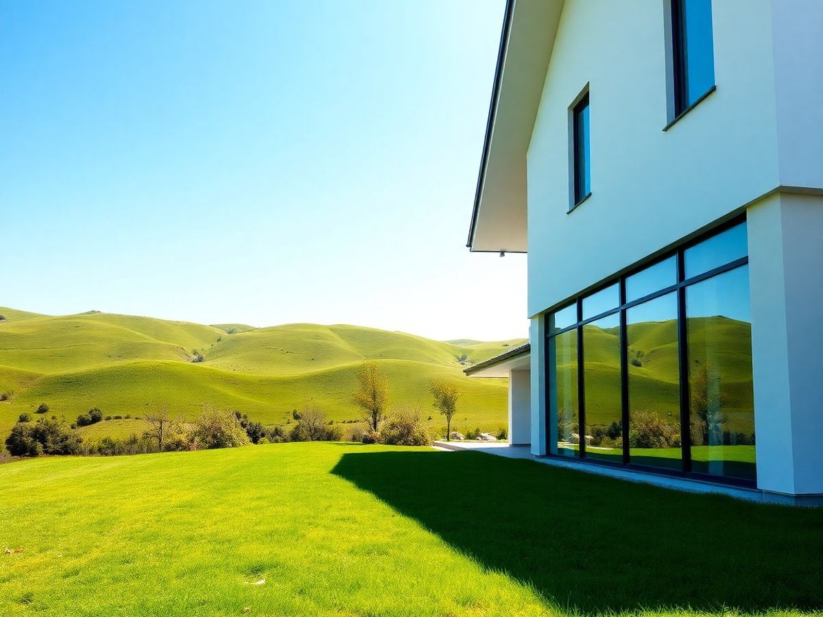 Casă modernă, grădină verde, cer senin, dealuri îndepărtate.