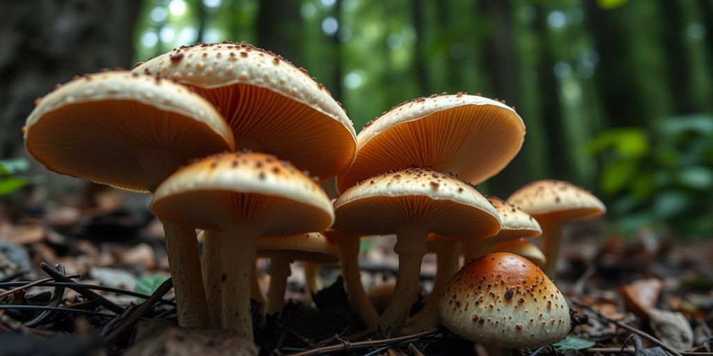 Close-up of psilocybin mushrooms in a forest.