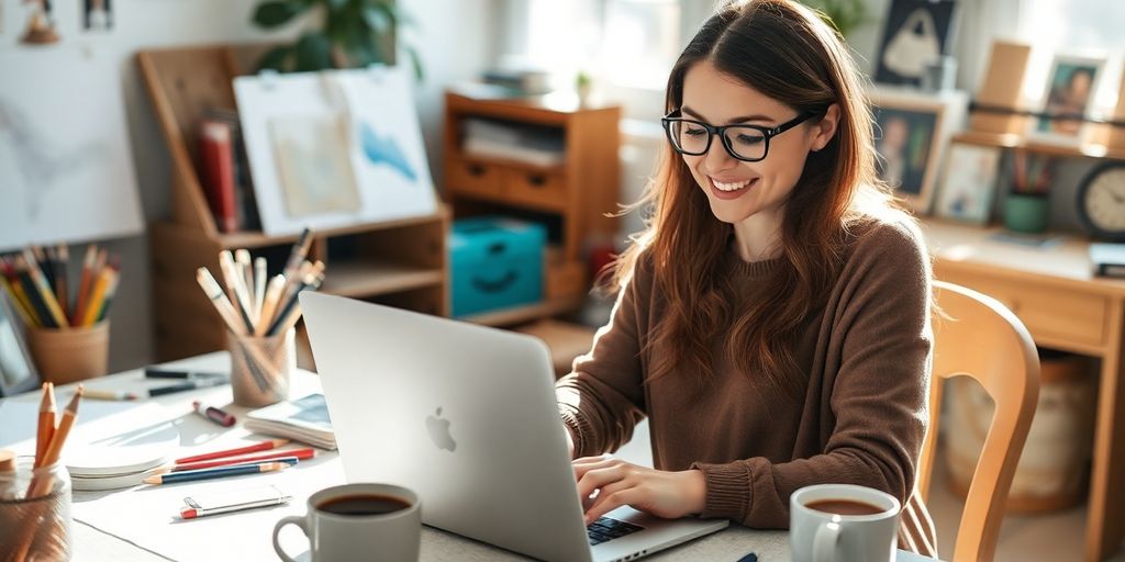 Woman happily working on a laptop at home.