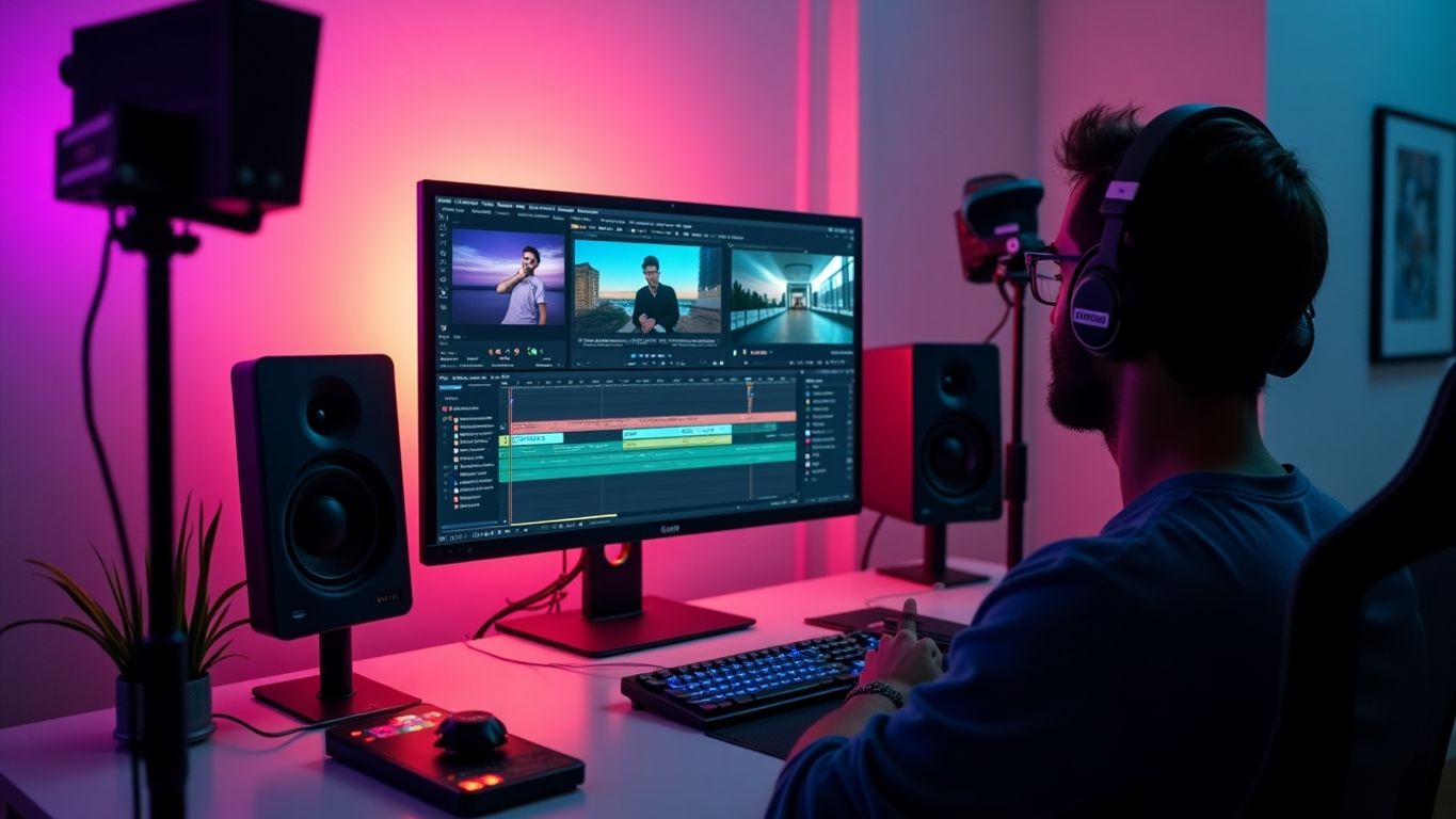 Video editing setup with colorful lighting and equipment.