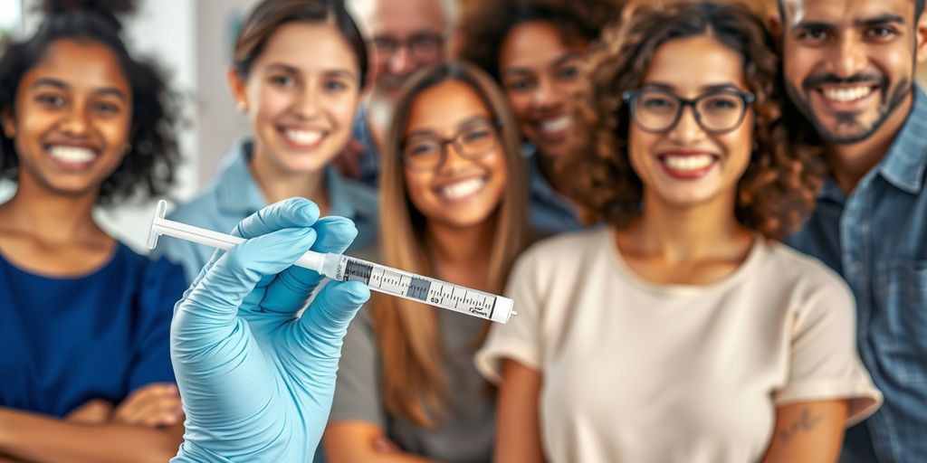 Diverse group with healthcare professional holding vaccine syringe