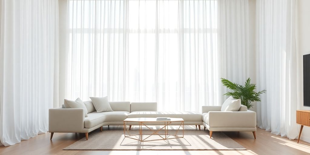 Modern living room, white curtains, natural light, sleek furniture.