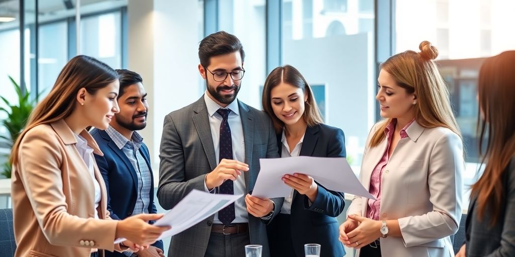 Diverse professionals collaborating in a modern office environment.