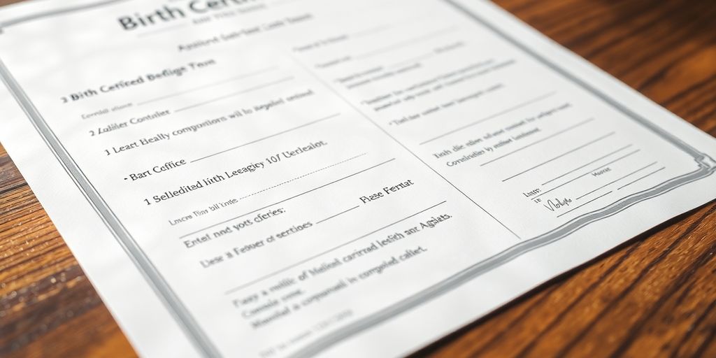 Close-up of a birth certificate on a wooden table.