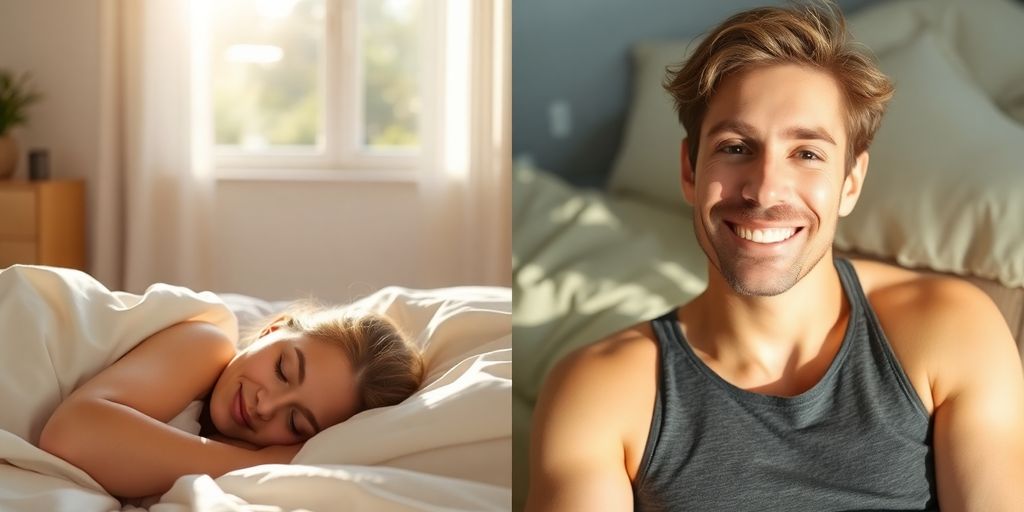 Serene person waking up refreshed in a sunlit bedroom.
