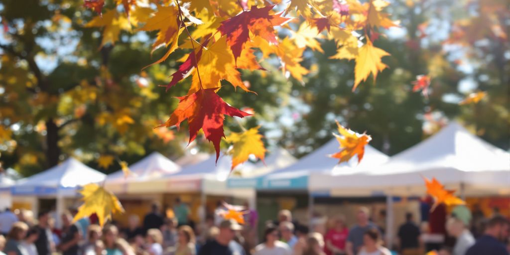Vibrant autumn leaves falling over a joyful festival crowd.
