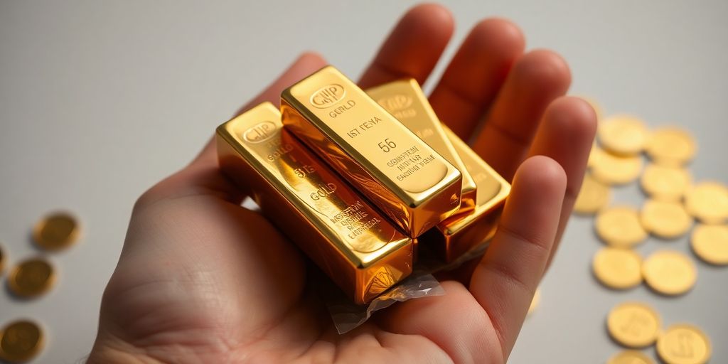 Lingots d'or et pièces dans la main.