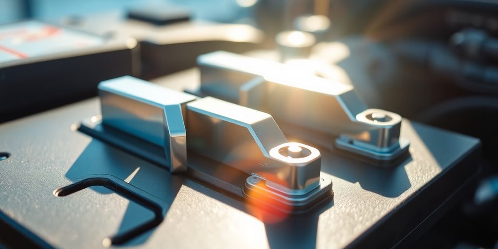 Car battery with shiny terminals and bright light.