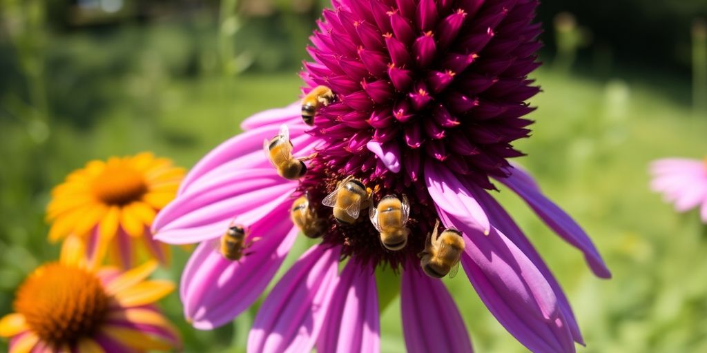 Bienen bestäuben eine leuchtend lila Blume
