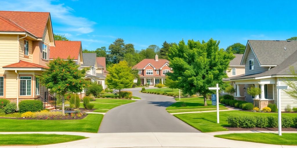 Sunny neighborhood with beautiful homes and greenery.