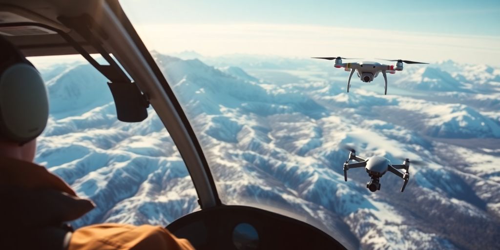 A helicopter and drone fly over snowy Alaskan mountains.