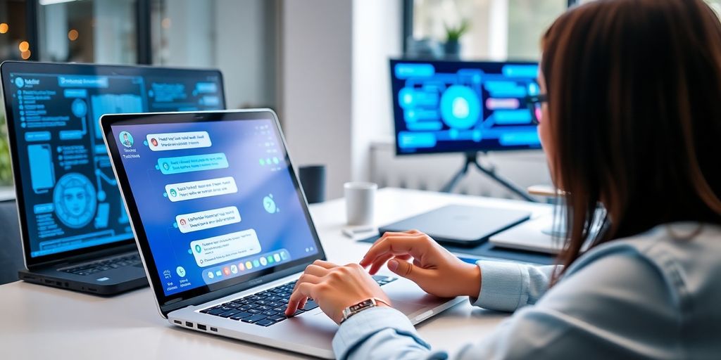 Person using AI chatbot on a laptop in modern office.