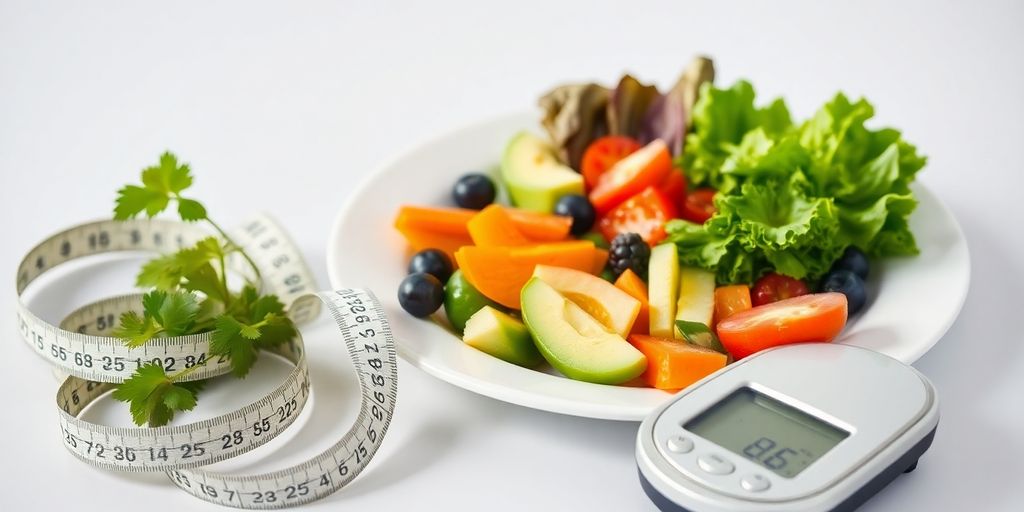 Colorful plate of healthy food, measuring tape, and a scale.