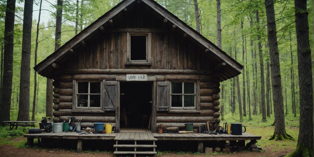 Rustic cabin in the woods with repair tools and materials, showing signs of wear and tear.