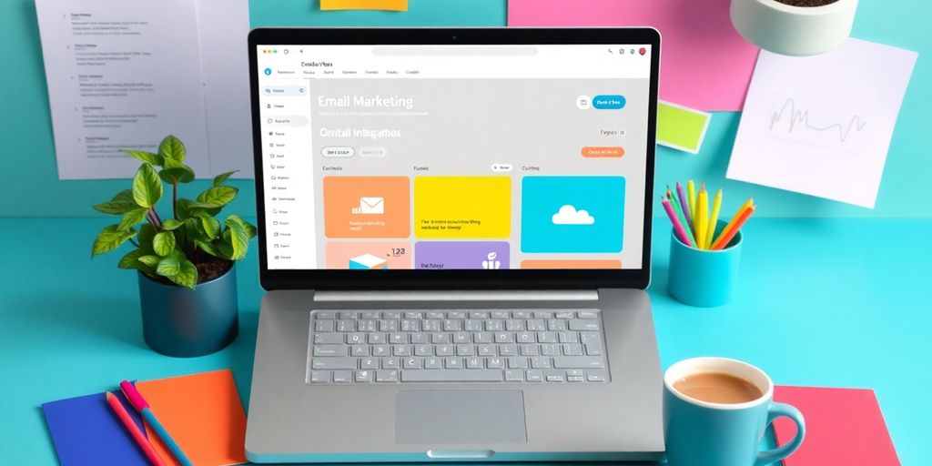 Laptop with email dashboard in a creative workspace.