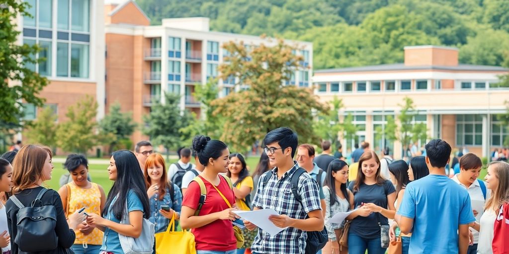 Students collaborating and engaging at a community college campus.