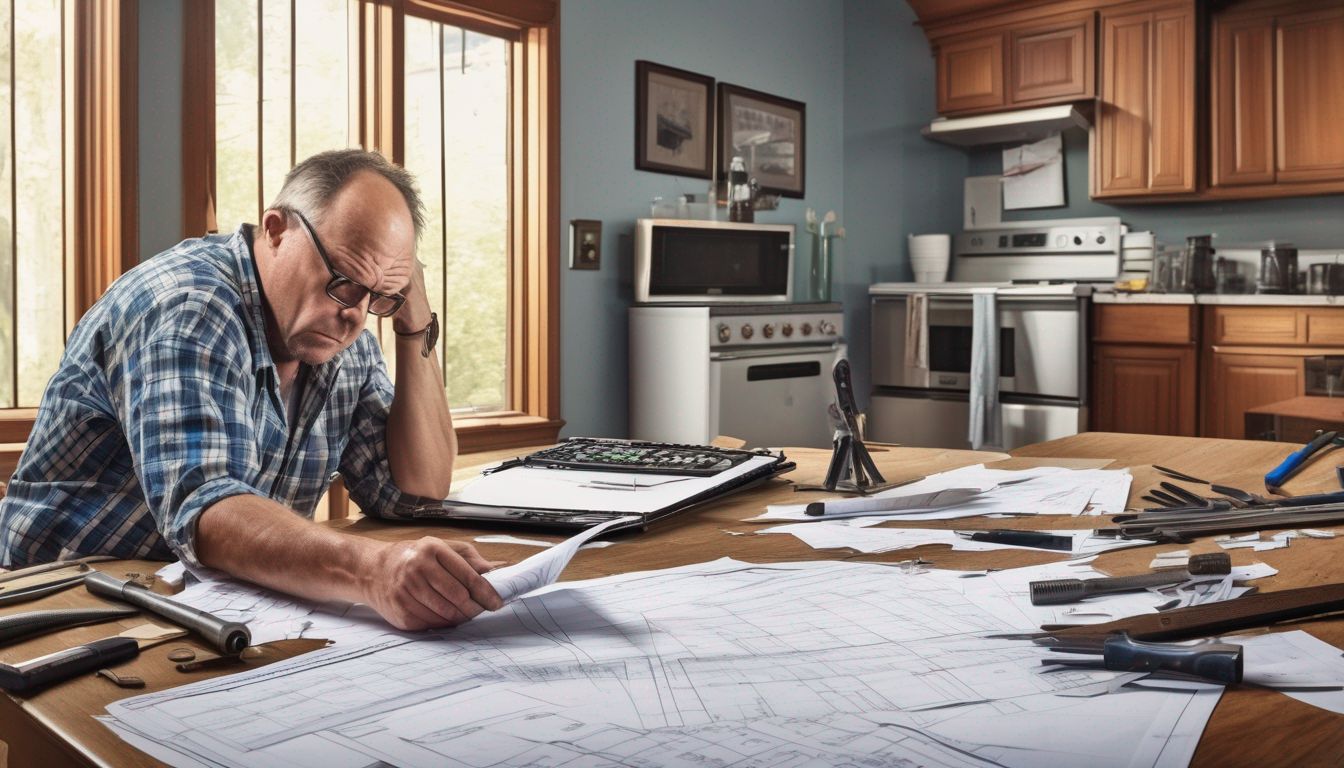 frustrated homeowner with broken tools and budget spreadsheet