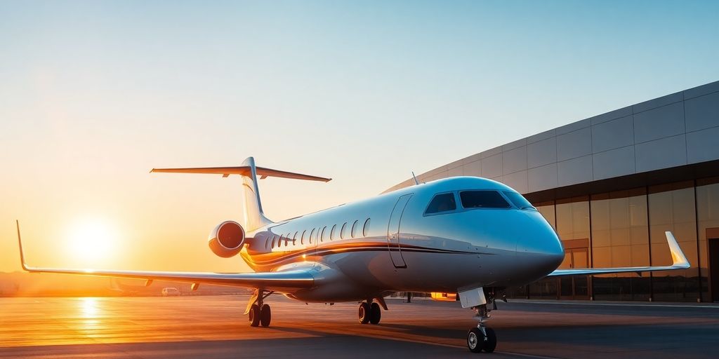 Sleek private jet parked at modern aviation facility.
