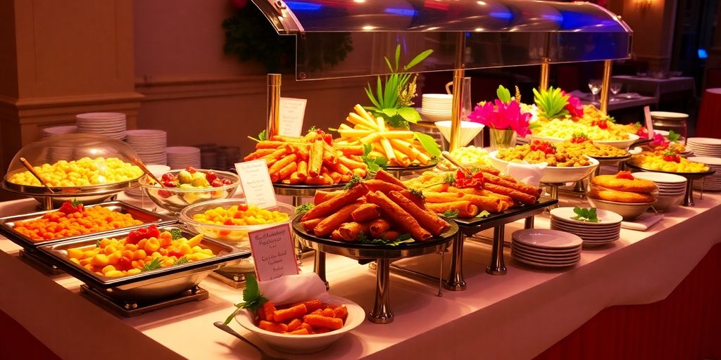 โต๊ะอาหารบุฟเฟ่ต์จัดเรียงอย่างสวยงามและน่าสนใจ