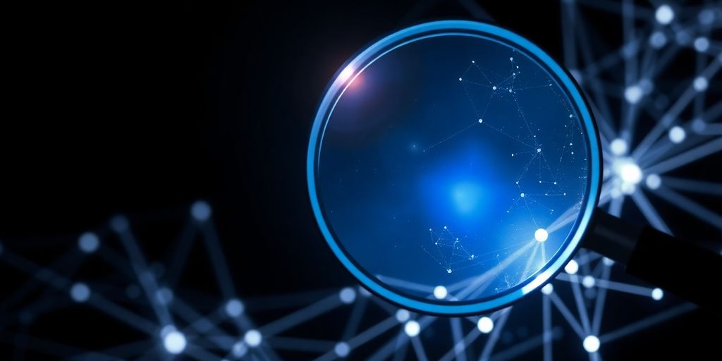 Magnifying glass over glowing, interconnected digital lines.